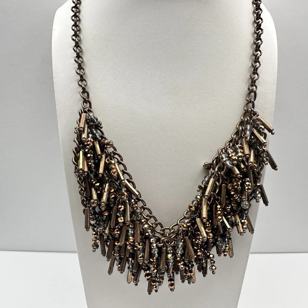 Vintage 90s Bronze Bib Necklace Glass Bead Tassel Fringe Statement Piece